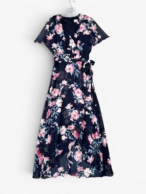 ELIZA J Floral Faux Wrap Maxi Dress 2 Navy Pink Flutter Sleeve Belted